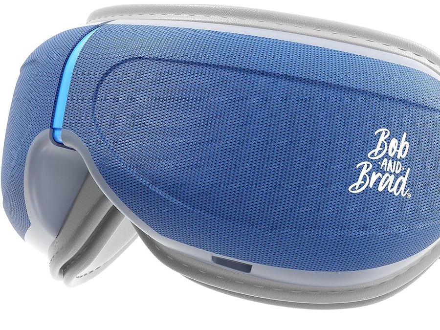 Kaisum eye massager built for Bob and Brad, blue fabric shell with the script wordmark