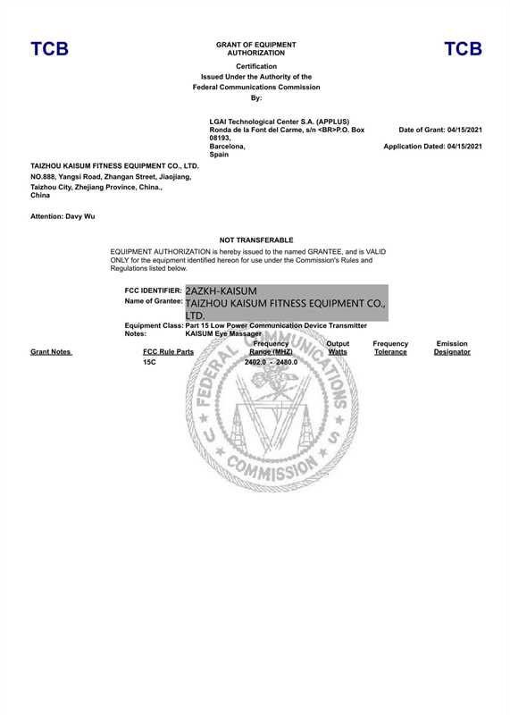 FCC grant of equipment authorisation for the Kaisum eye massager