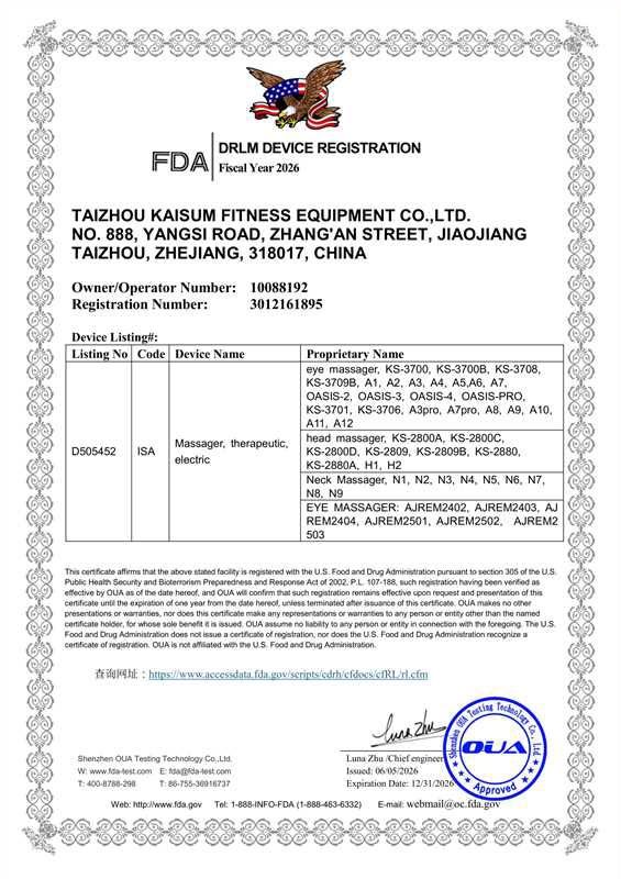 FDA device registration listing Kaisum massager models