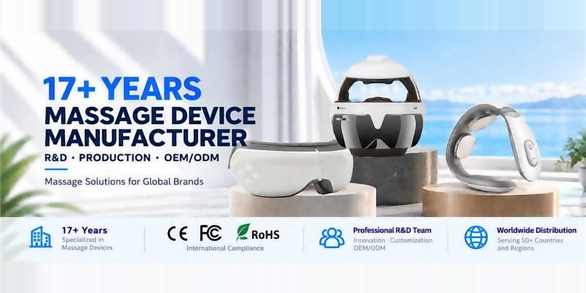 Kaisum: 17+ years a massage device manufacturer. R&D, production and OEM/ODM; massage solutions for global brands. CE, FCC and RoHS compliant, with worldwide distribution to over 50 countries.
